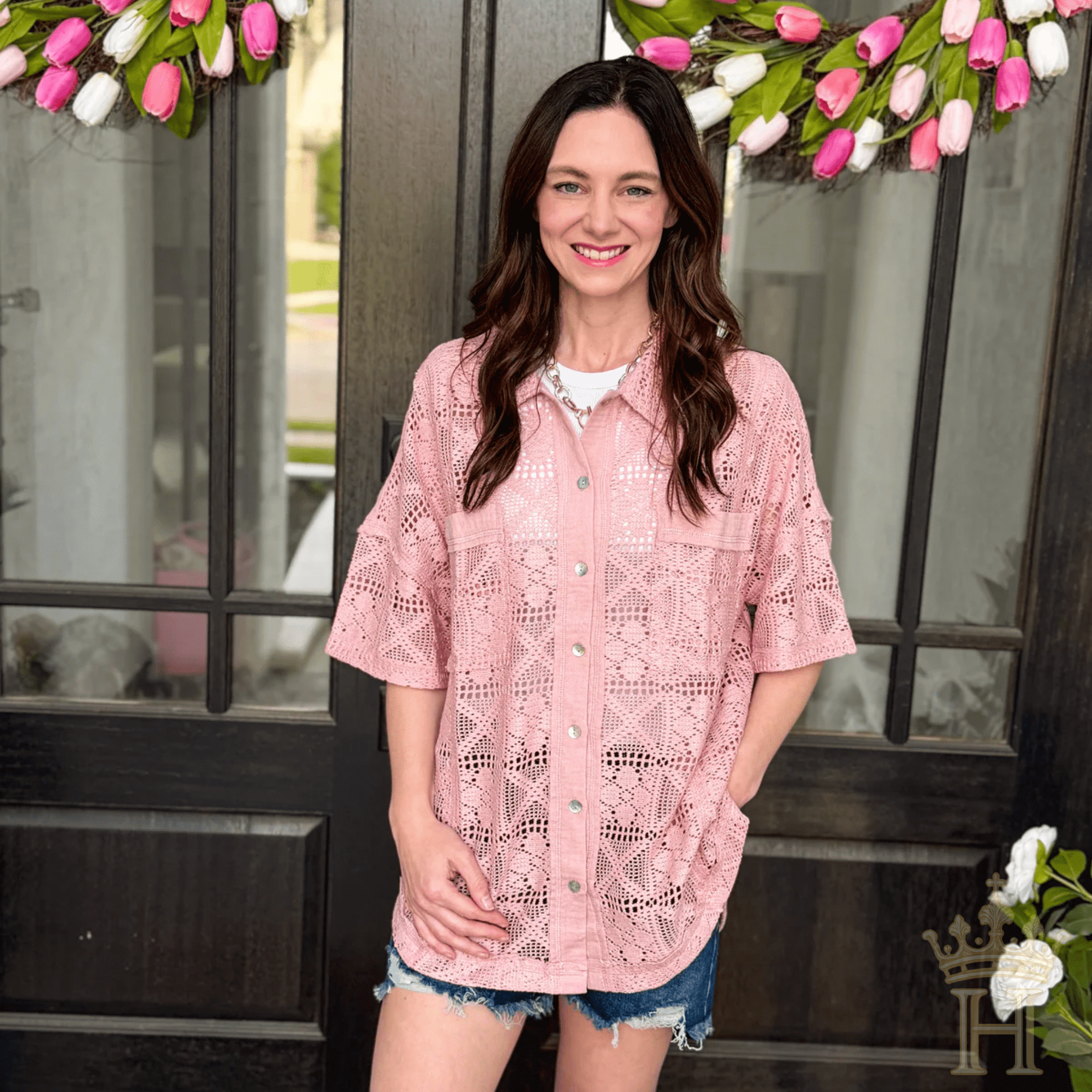 Oversized blush pink crochet button down shirt from Halemi & Co.