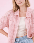 Open-knit blush crochet button down top with oversized fit