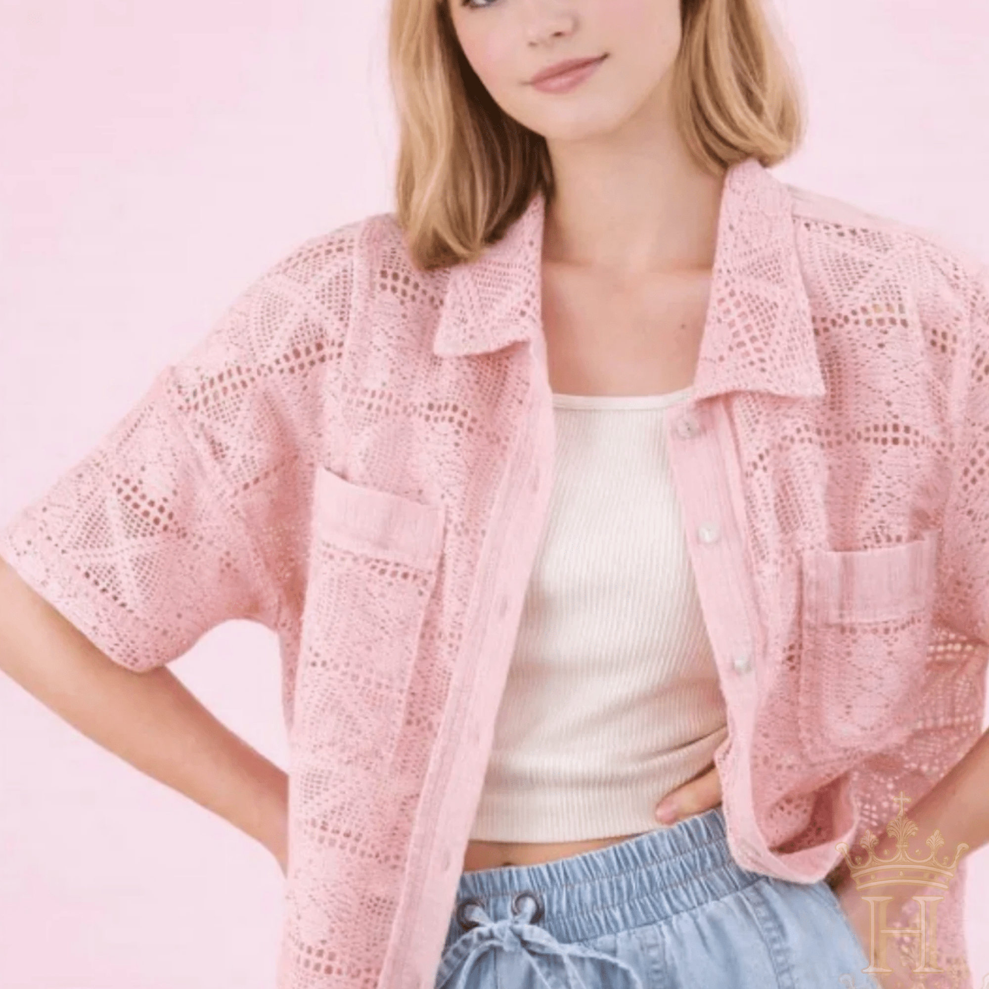 Open-knit blush crochet button down top with oversized fit