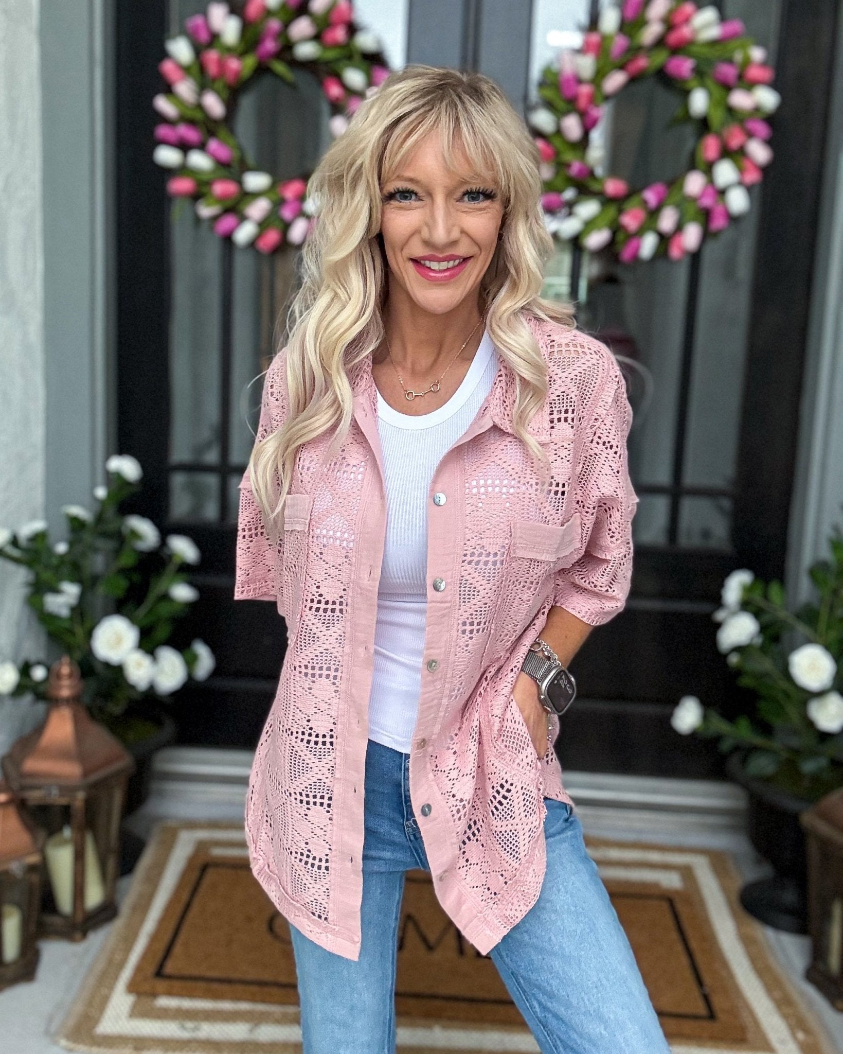 Oversized Crochet Button Down Shirt in Blush Pink - Halemi & Co.