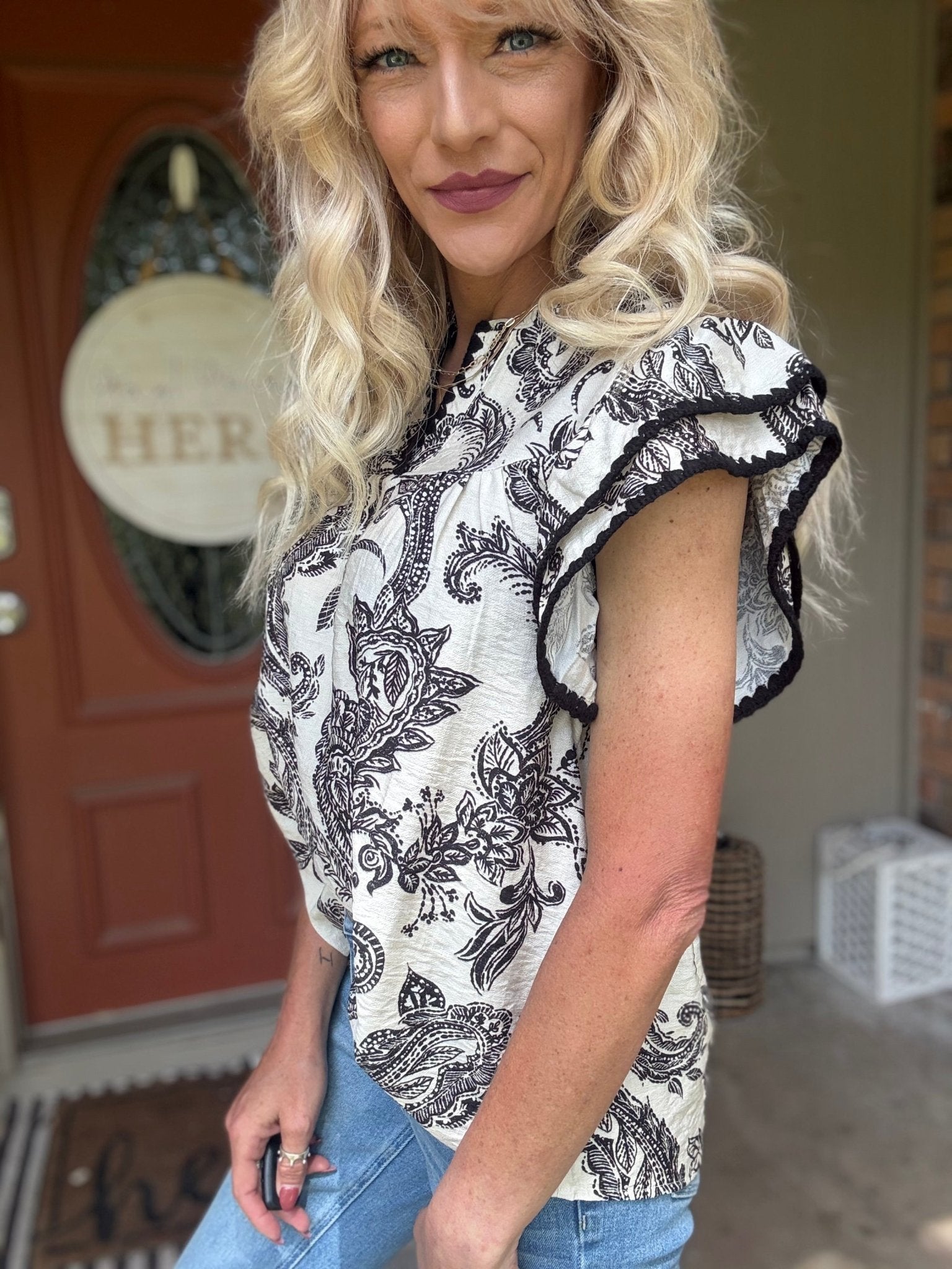 Paisley Ruffle Sleeve Top - Halemi & Co.