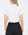 Lightweight pinstripe button down blouse with short sleeves