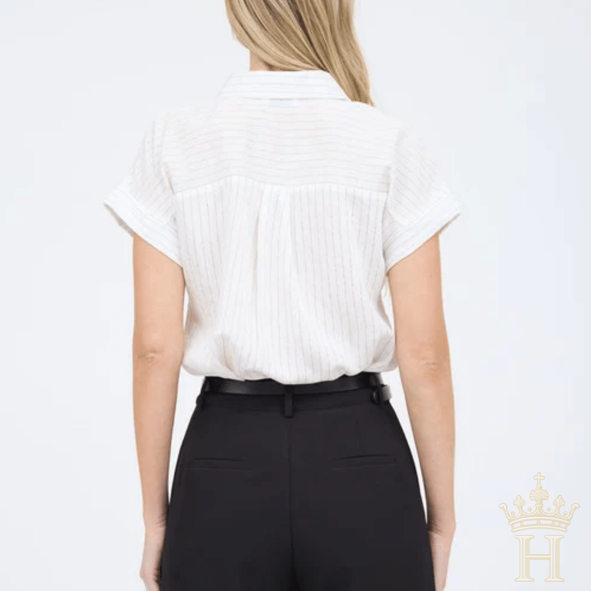 Lightweight pinstripe button down blouse with short sleeves