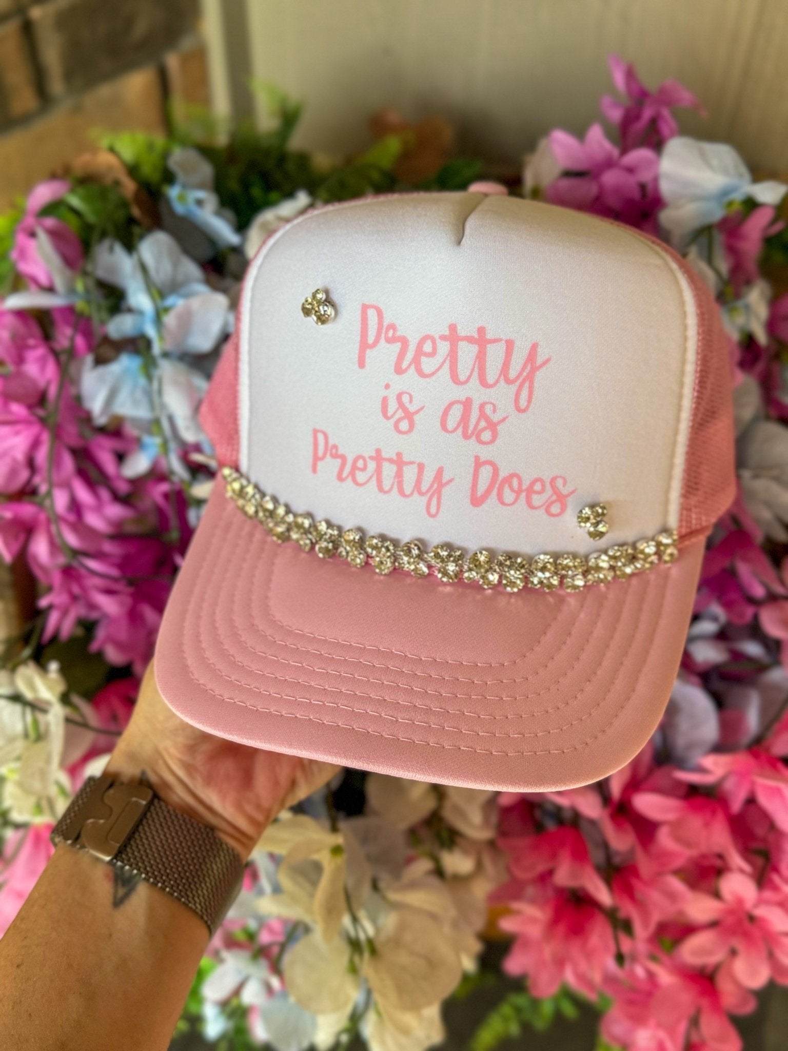 Pretty Is As Pretty Does Rhinestone Trucker Hat - Halemi &amp; Co.