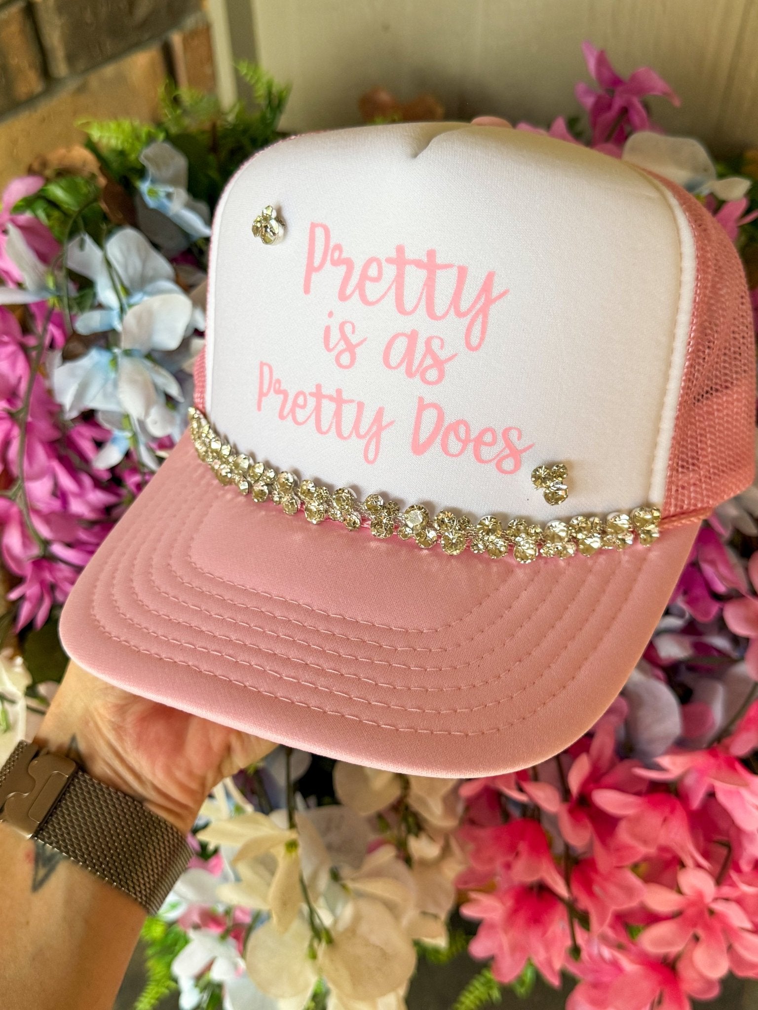 Pretty Is As Pretty Does Rhinestone Trucker Hat - Halemi &amp; Co.