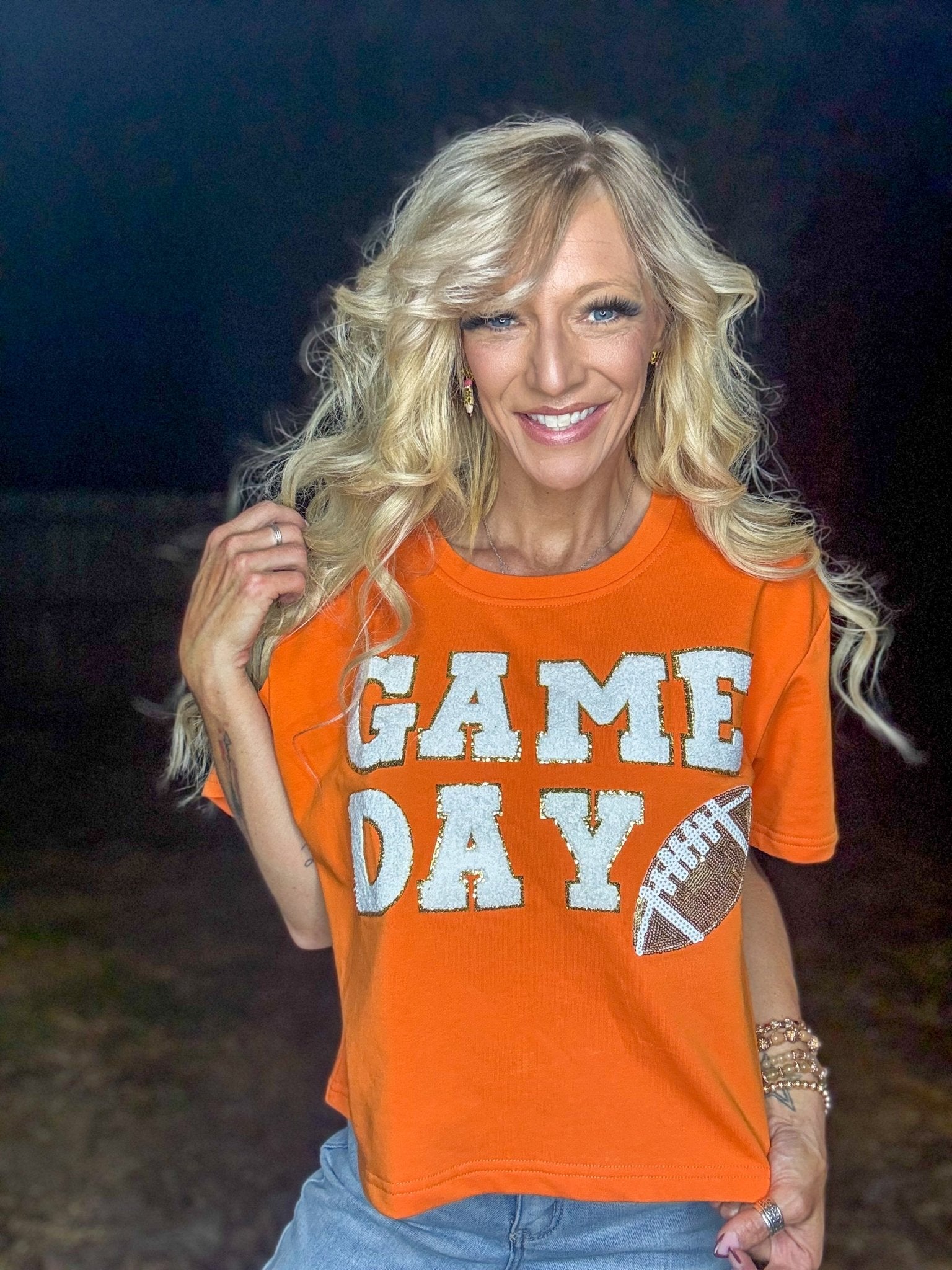 Game Day Chanel Patch Cropped Graphic Tee – Orange - Halemi &amp; Co.