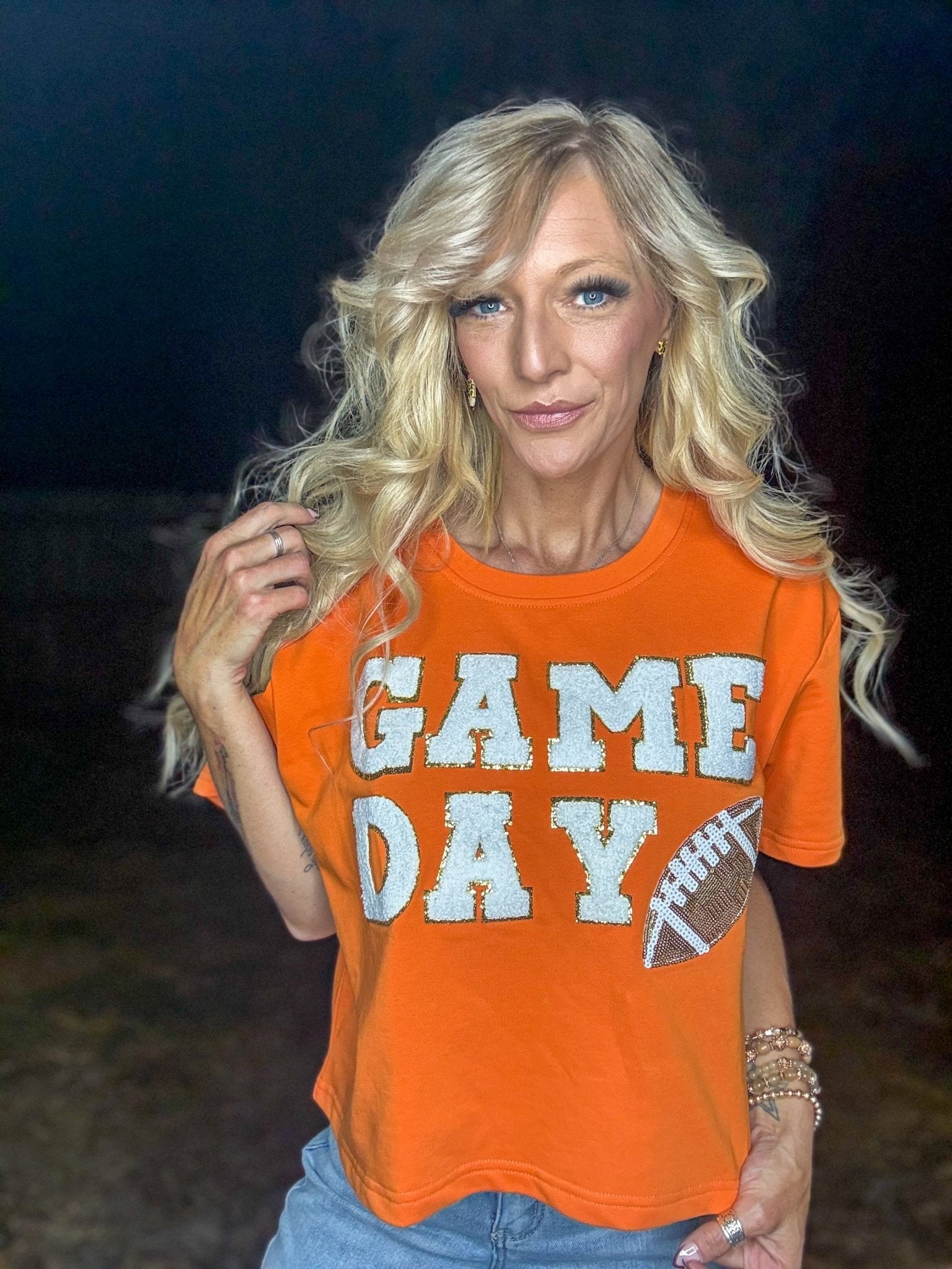 Game Day Chanel Patch Cropped Graphic Tee – Orange - Halemi &amp; Co.