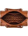 Brown leather handbag with visible brand logo on a white background