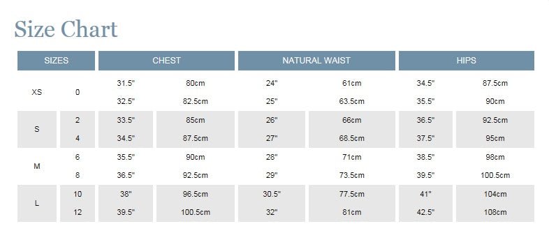 Blu Pepper size chart
