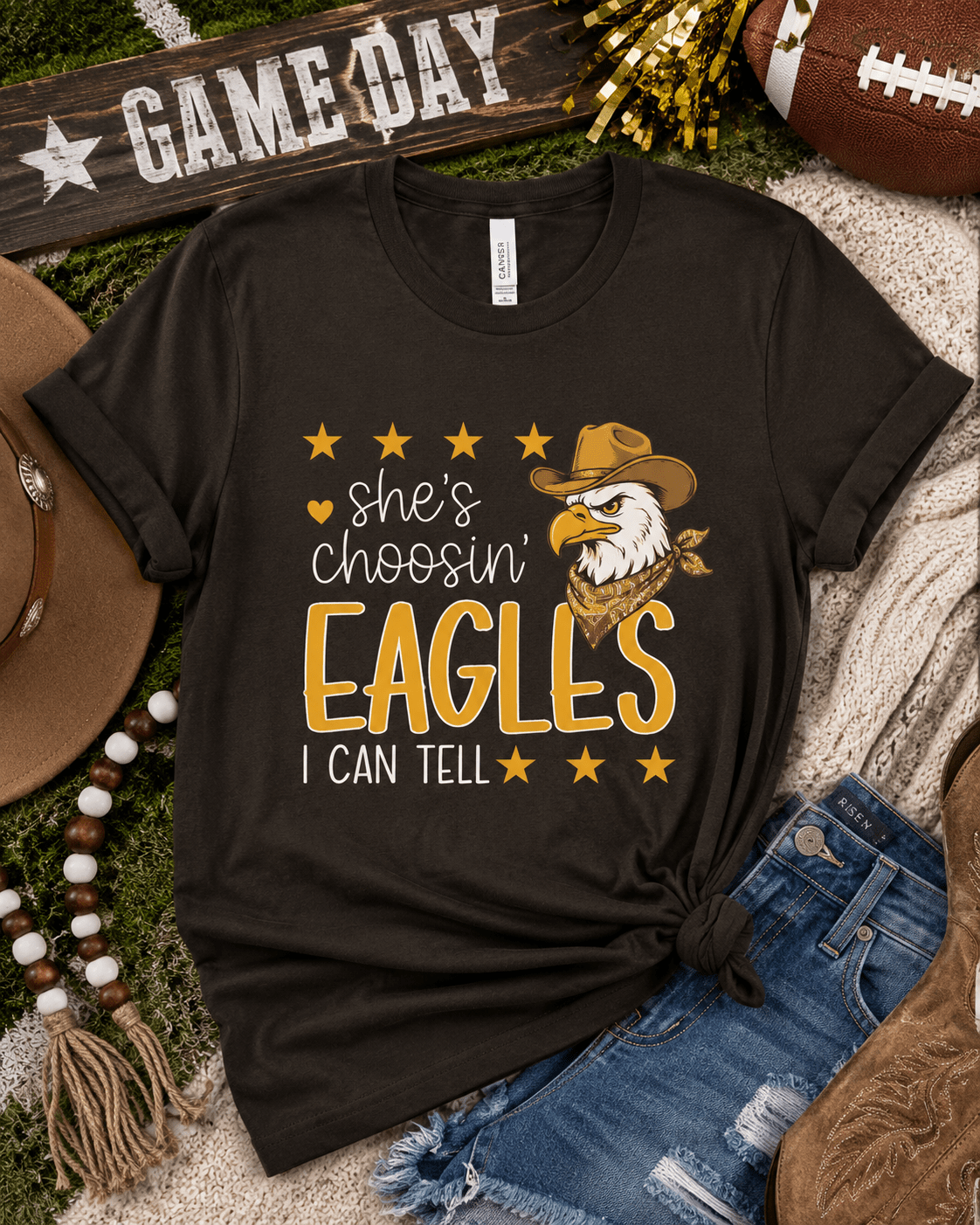Bella Canvas She’s Choosin’ Eagles western game day graphic tee with cowboy eagle design