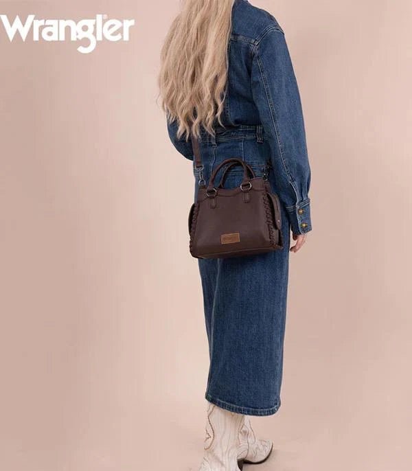  Woman wearing Wrangler dark brown braided bag as a crossbody