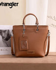 Wrangler brown top handle tote with detachable cardholder and crossbody strap