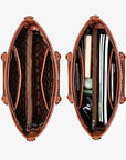 Two overhead views of an open brown leather handbag on a light gray background, showing the interior layout and storage compartments. The left view shows the empty interior lining, and the right view shows the interior with various items like notebooks, a green jade pendant, and a black case inserted.