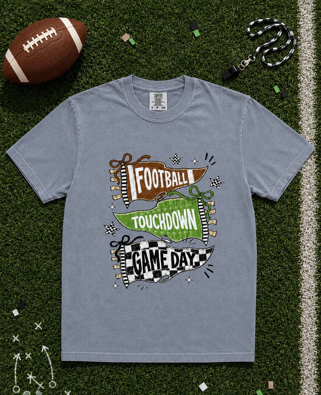 Washed gray Comfort Colors football game day graphic tee with touchdown pennants bows and checkerboard details