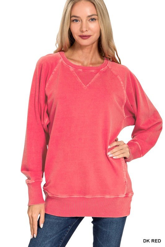 Front view of a dark red French terry pullover featuring a ribbed crewneck with V-shaped inset, long sleeves, and ribbed hem.