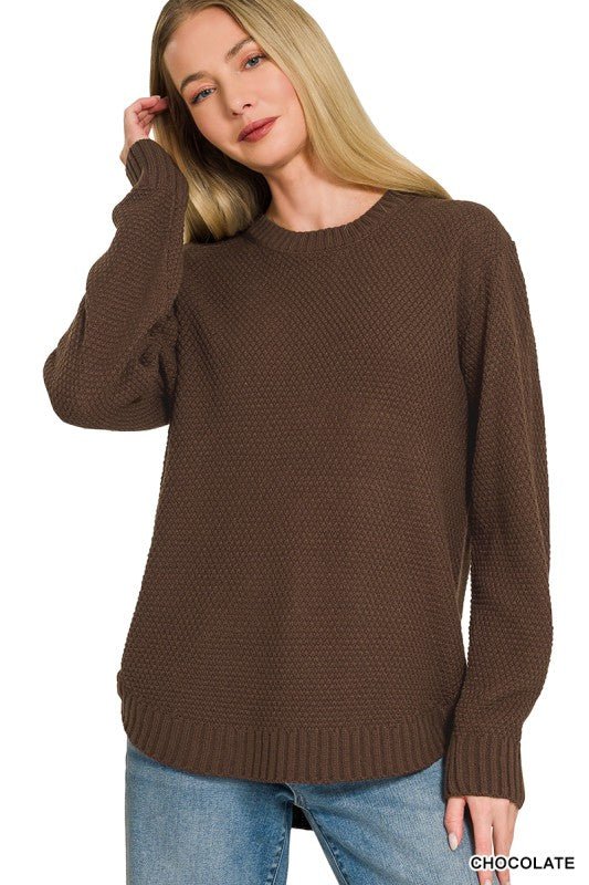 Supplier measurements for chocolate brown midweight crewneck sweater showing approximate 26.5-inch front length and 40-inch chest in size small.