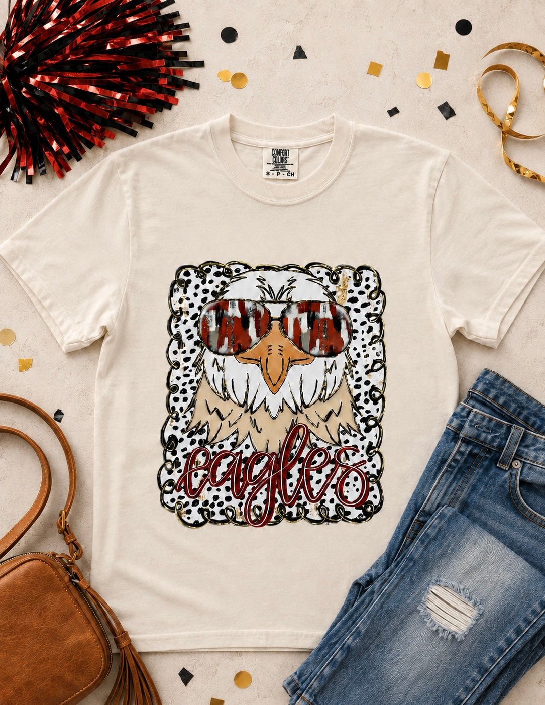 Ivory Comfort Colors Eagles football graphic tee with eagle, maroon black sunglasses and leopard print details