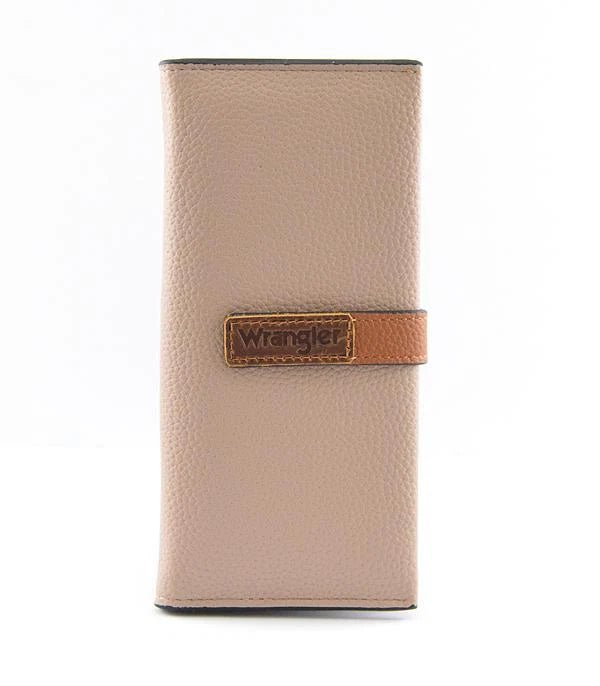 Wrangler taupe long wallet with contrasting logo tab and button closure