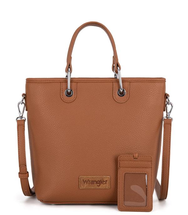 Wrangler brown tote with adjustable crossbody strap and detachable ID cardholder