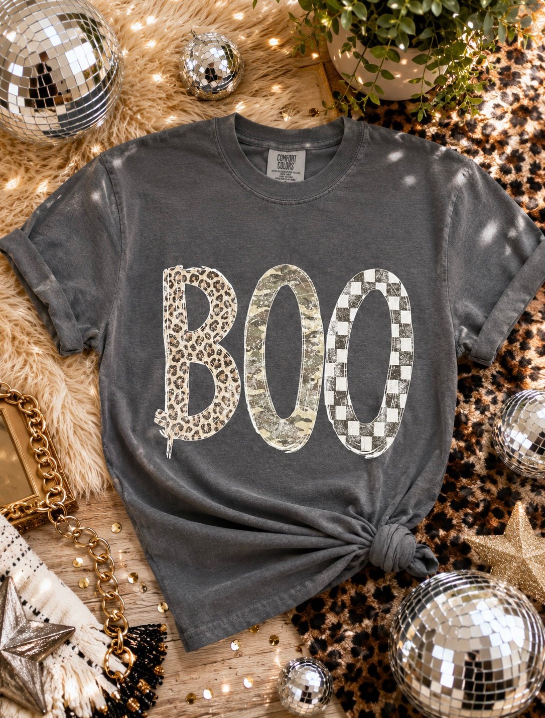 Women’s washed charcoal Halloween graphic tee with mixed print BOO design