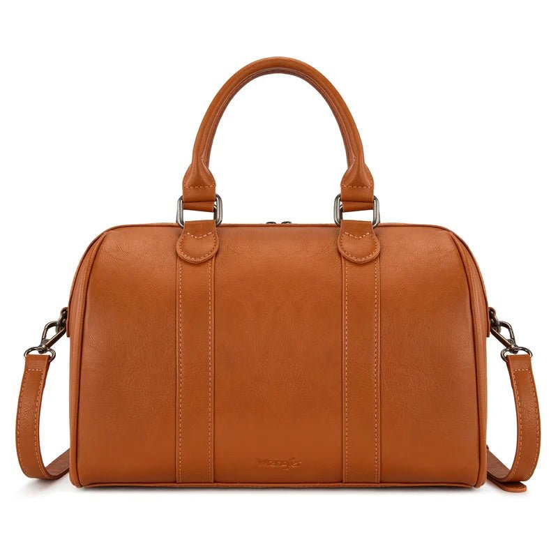 A warm cognac brown faux leather handbag with dual top handles and a detachable shoulder strap, shown against a plain white background.