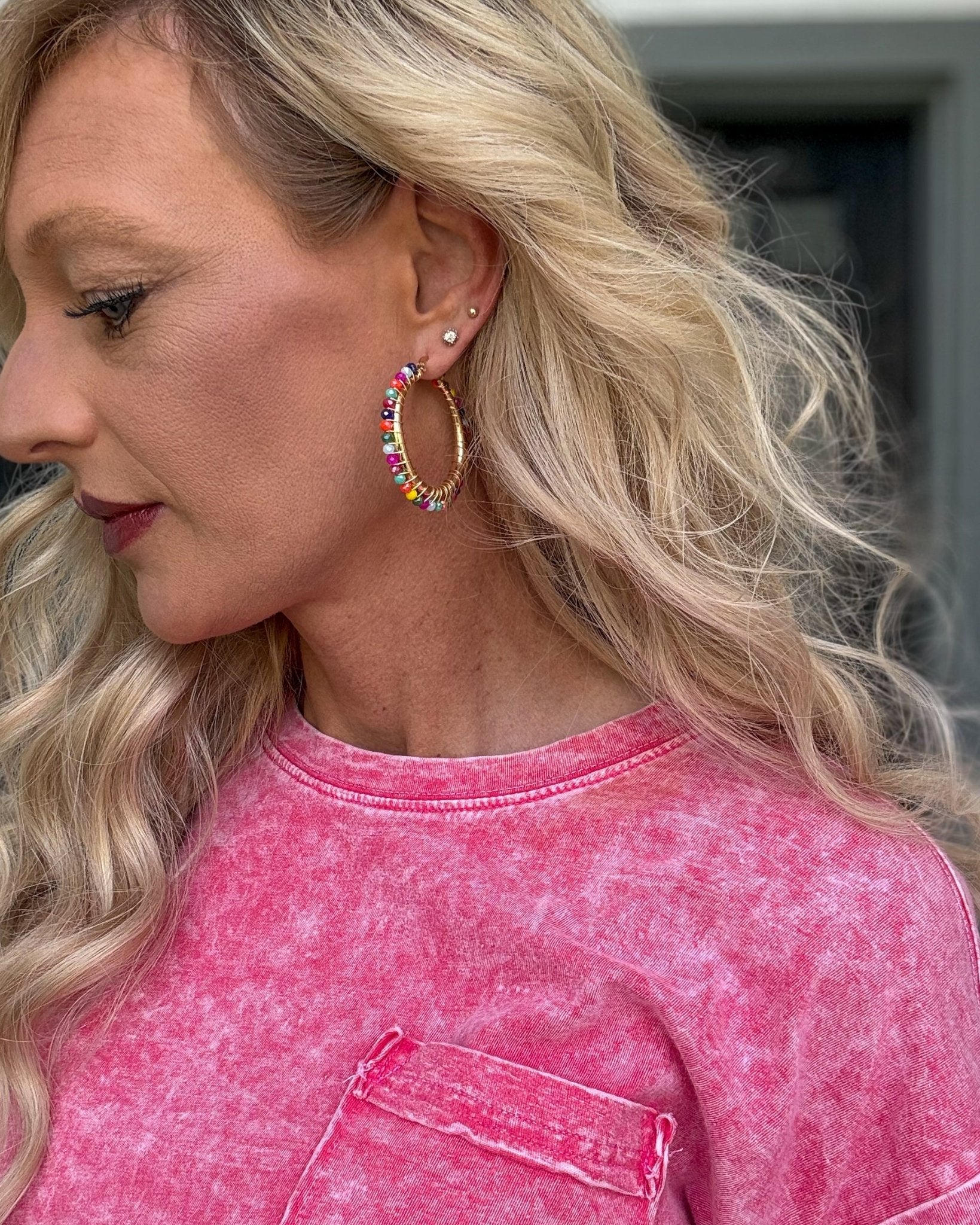Rainbow Crystal Beaded Gold Hoop Earrings - Halemi & Co.