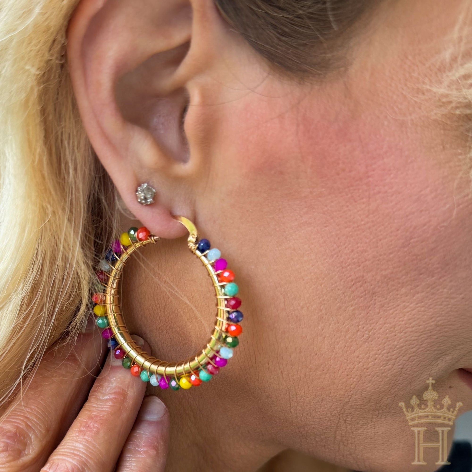 Rainbow Crystal Beaded Gold Hoop Earrings - Halemi & Co.