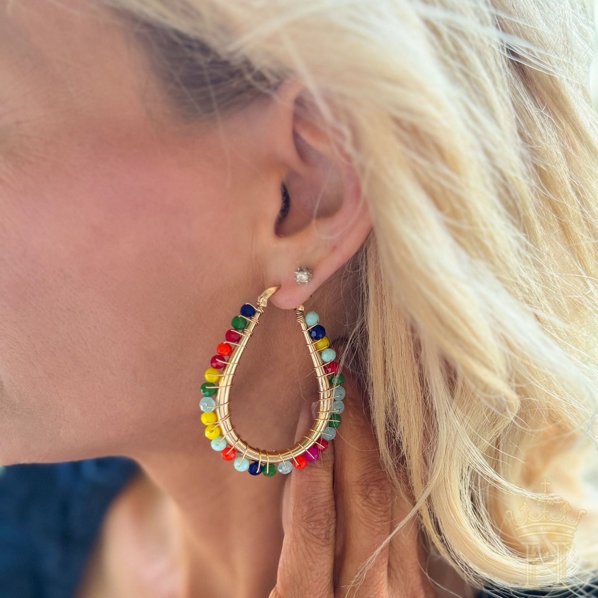 Rainbow Crystal Beaded Teardrop Hoop Earrings - Halemi & Co.