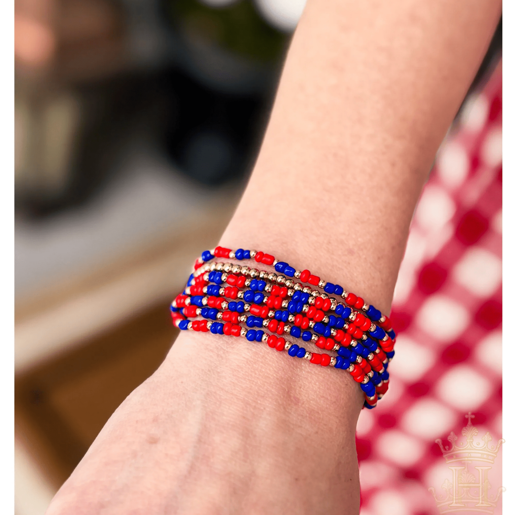 Red Blue & Gold Seed Bead Bracelet Set – 7 Piece Stackable Bracelet Set - Halemi & Co.