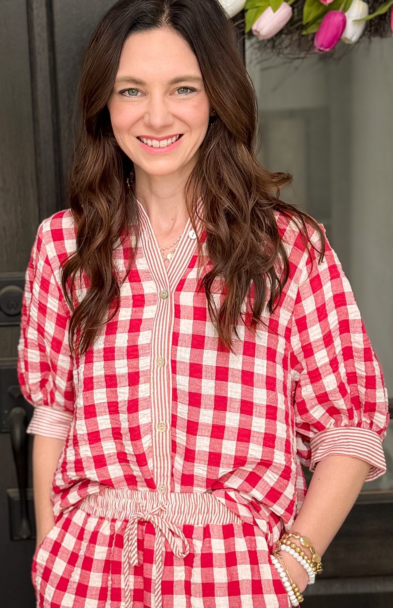 Women wearing matching checkered shorts set styled for summer boutique fashion