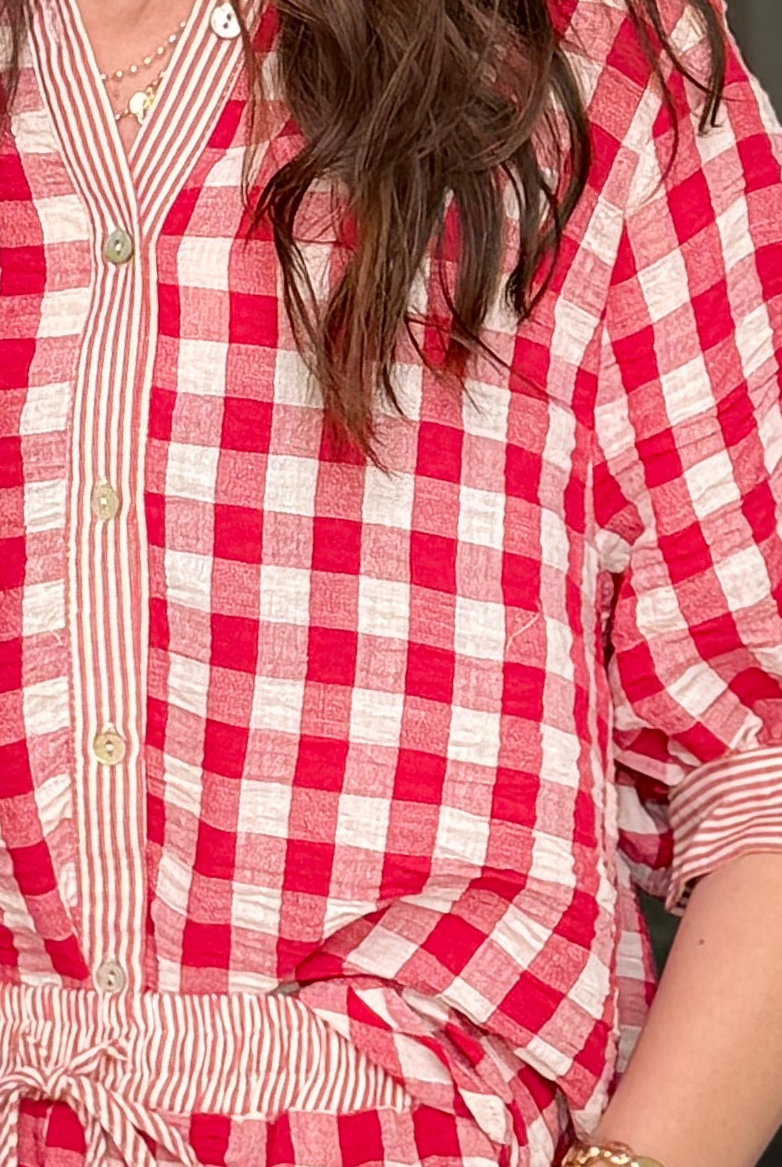 Checkered button down shirt and shorts matching set