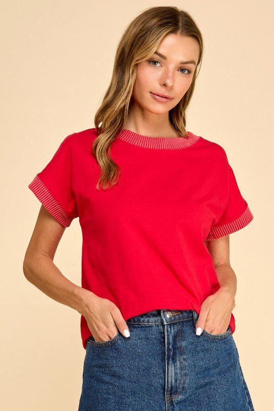 Red Rib Trim Top - Halemi & Co.
