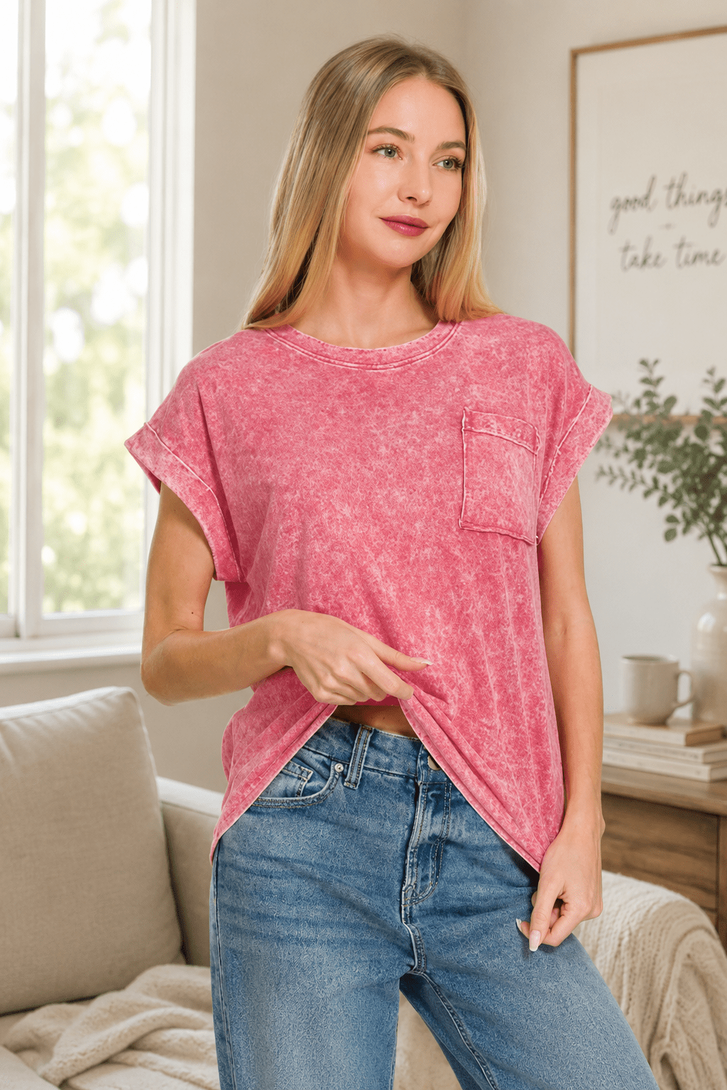 Red Washed Cuff Sleeve Tee - Halemi &amp; Co.