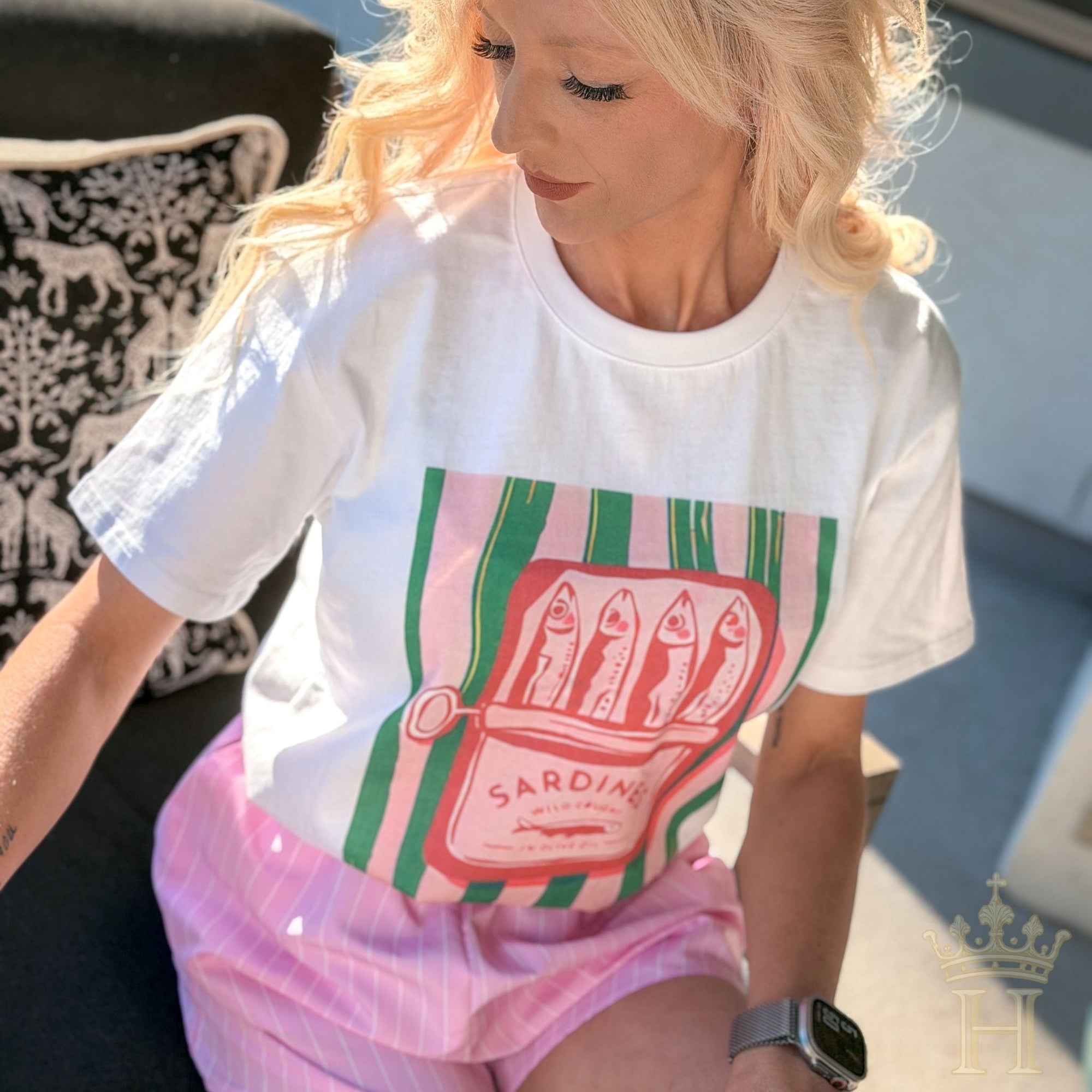Mediterranean-inspired sardine graphic tee styled for coastal boutique fashion