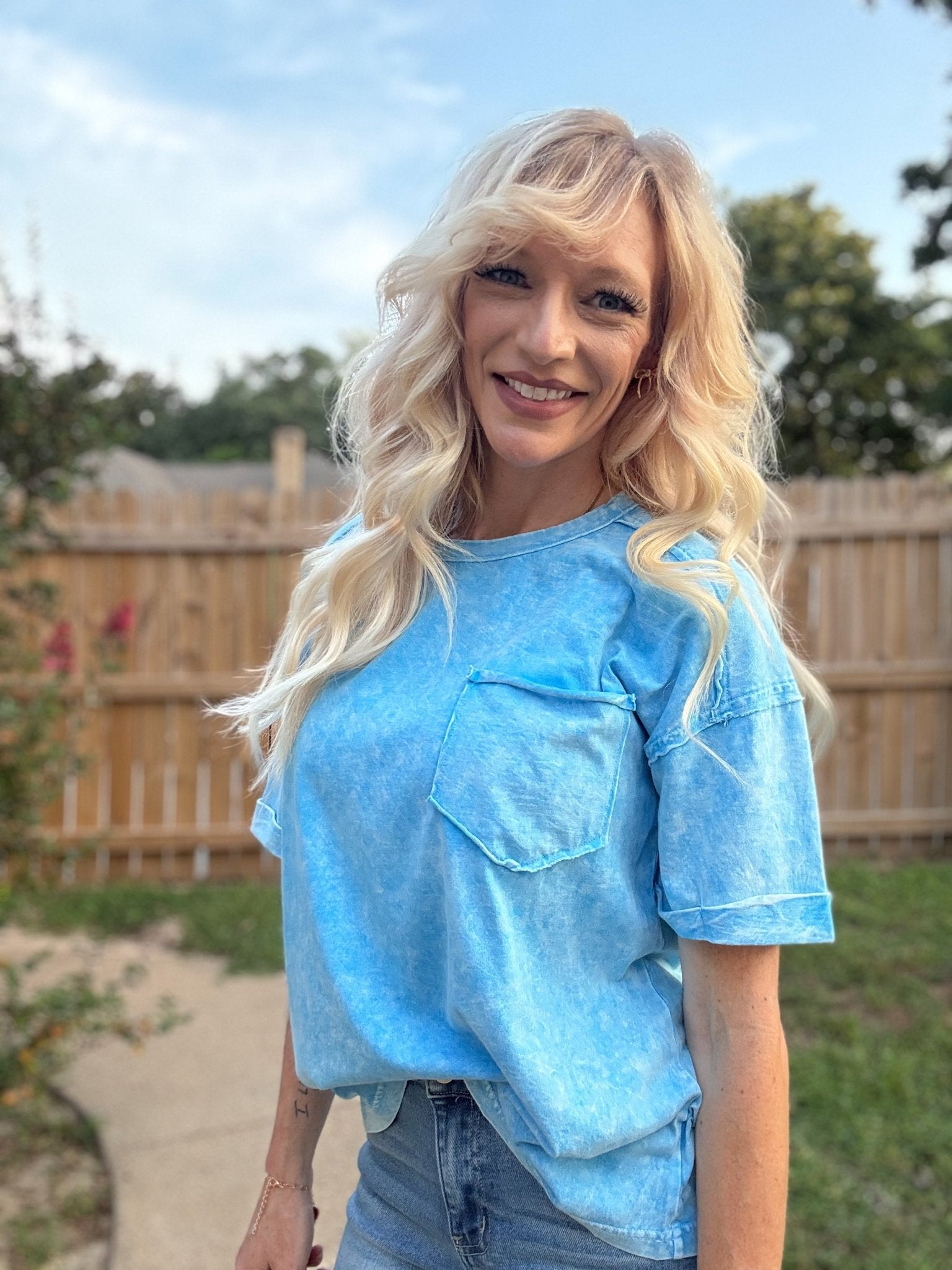 Sky Blue Mineral Wash Pocket Tee - Halemi & Co.