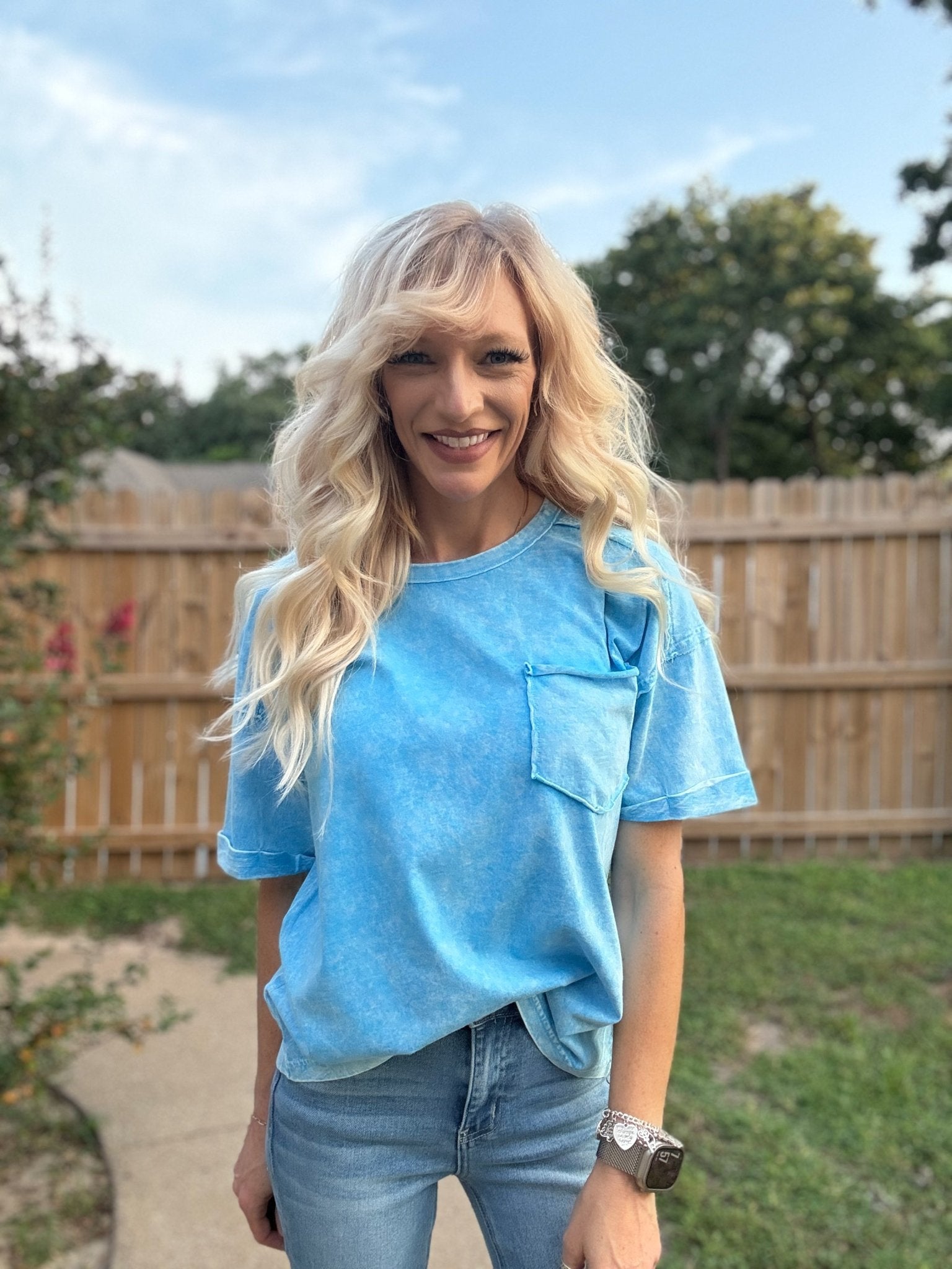 Sky Blue Mineral Wash Pocket Tee - Halemi & Co.
