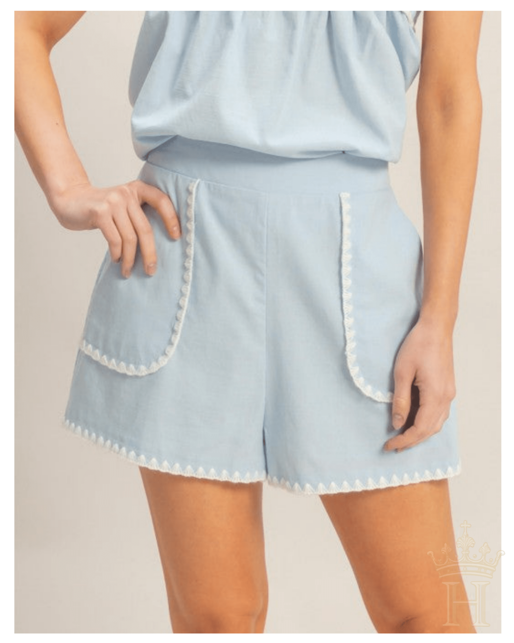 Sky Blue Scallop Trim High - Waisted Shorts - Halemi & Co.
