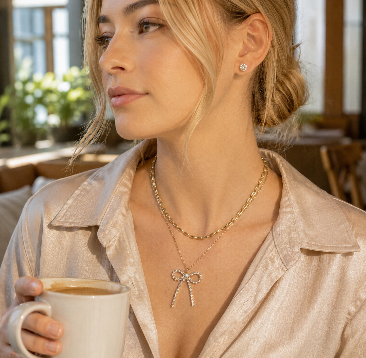 Woman wearing a layered gold necklace with a sparkling crystal bow pendant and matching crystal stud earrings.