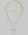 Sparkling Bow Layered Necklace & Stud Earring Set - Halemi & Co.