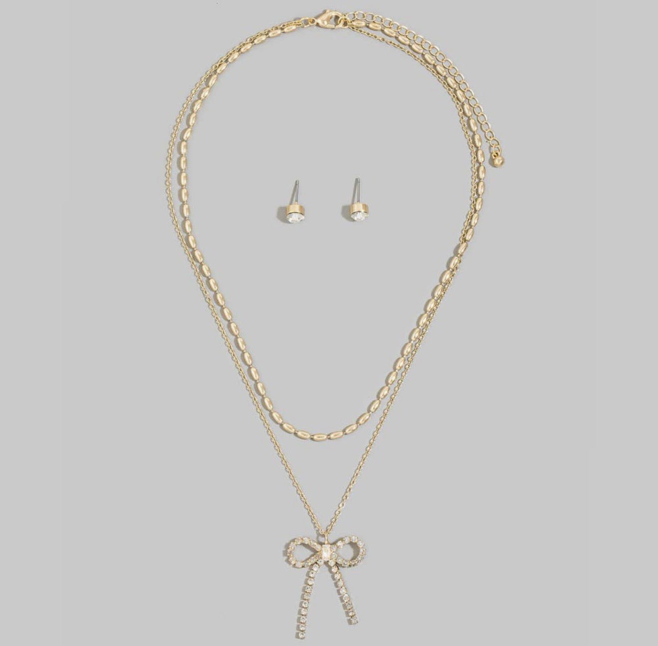 Sparkling Bow Layered Necklace & Stud Earring Set - Halemi & Co.