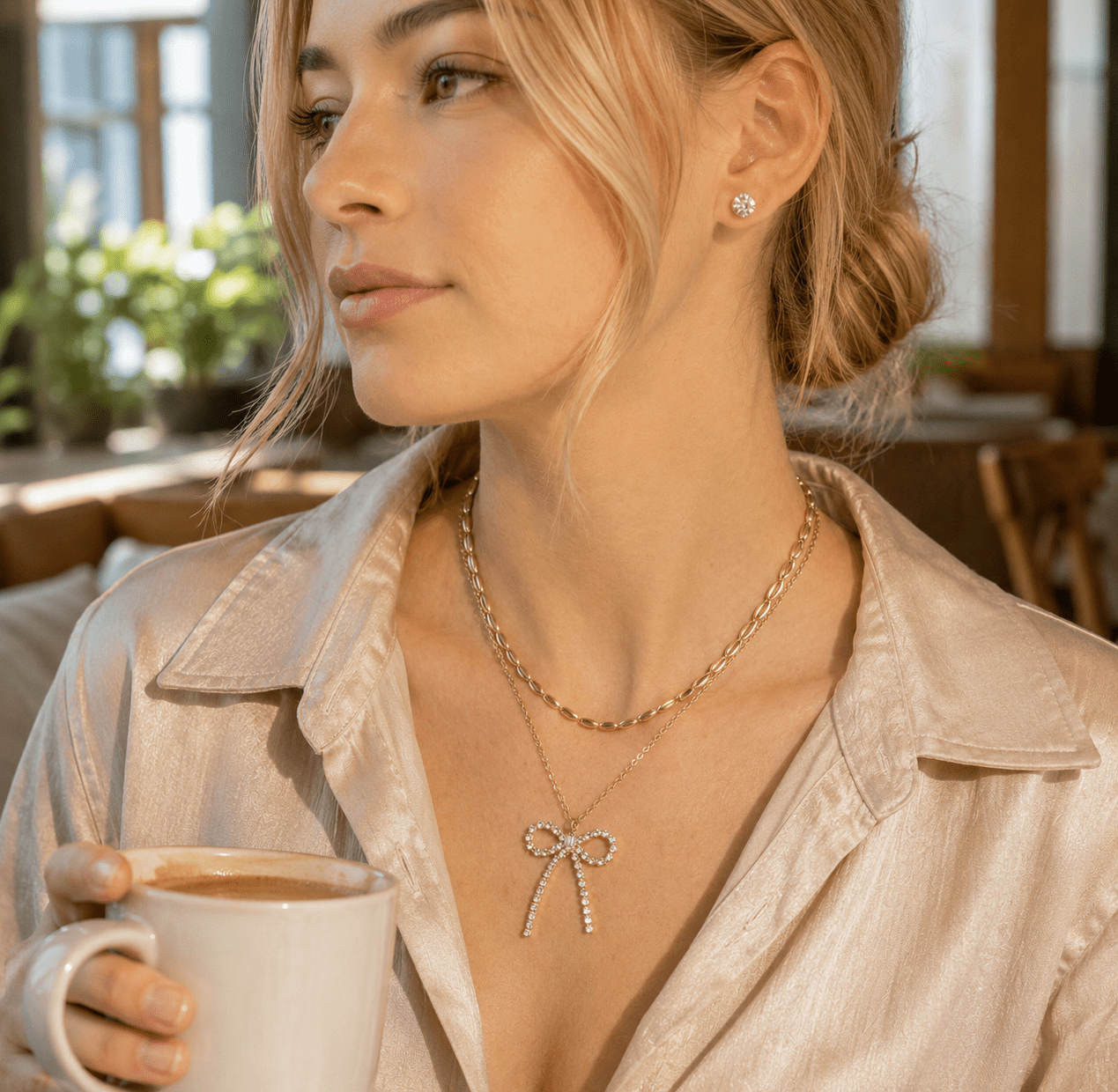 Sparkling Bow Layered Necklace & Stud Earring Set - Halemi & Co.