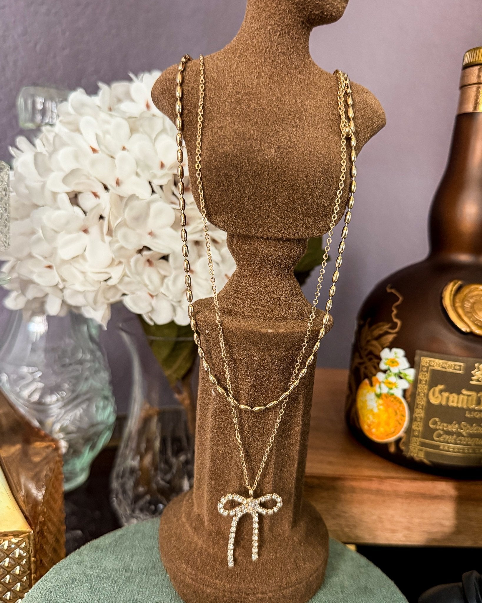 Sparkling Bow Layered Necklace & Stud Earring Set - Halemi & Co.