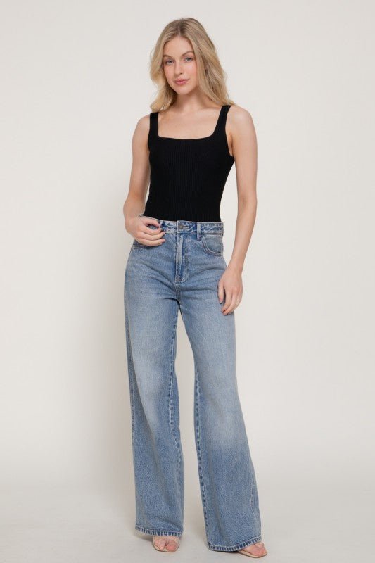 Square Neck Ribbed Sweater Bodysuit – Black - Halemi & Co.