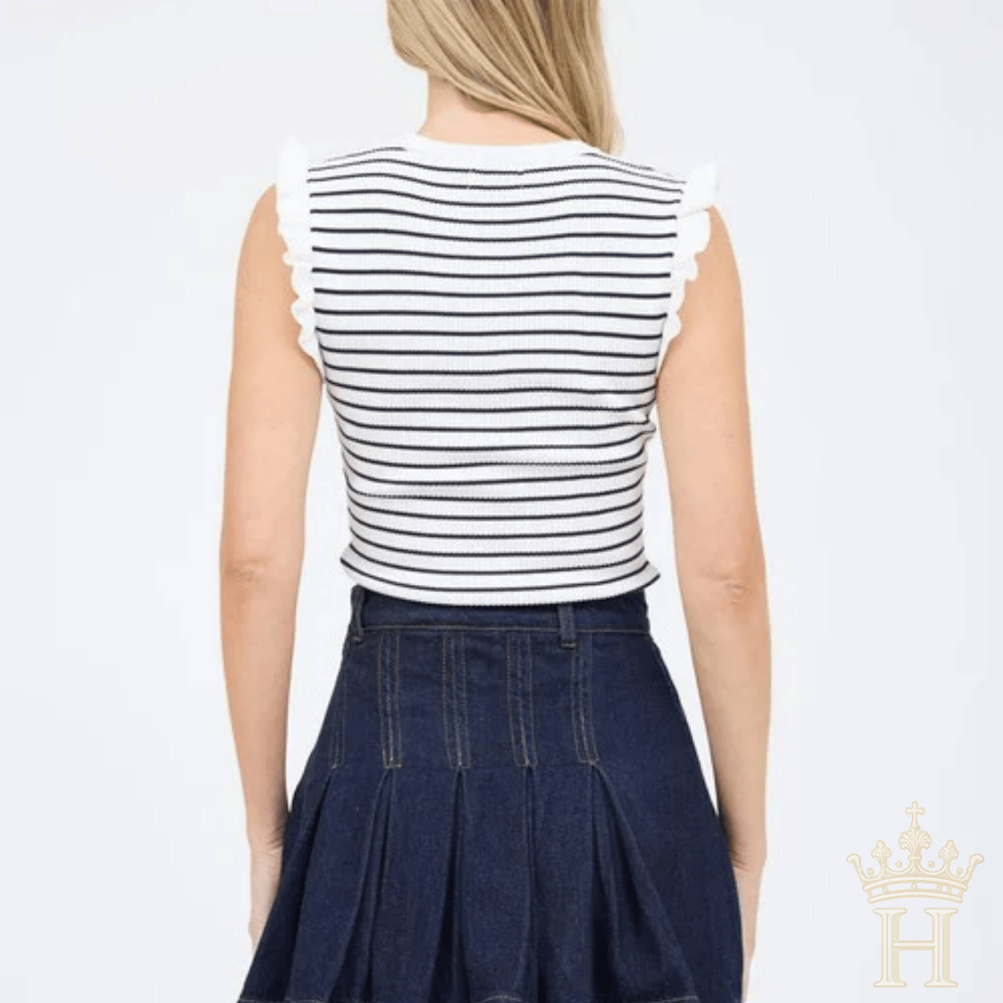 Striped sweater knit tank with ruffle sleeve detailing