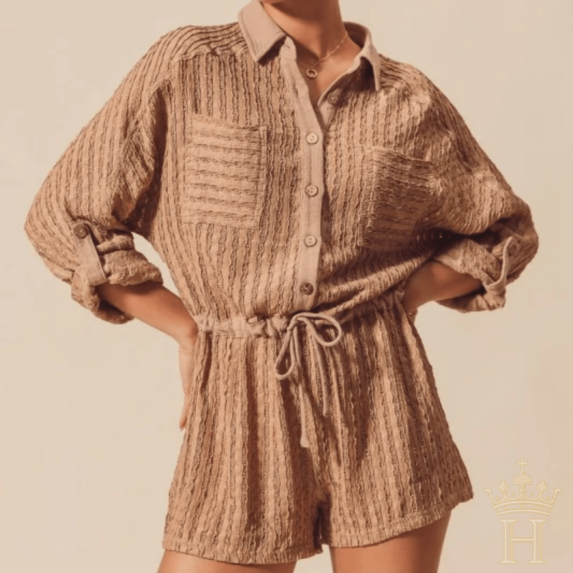 Textured Button Front Western Style Cover Up Romper - Halemi & Co.