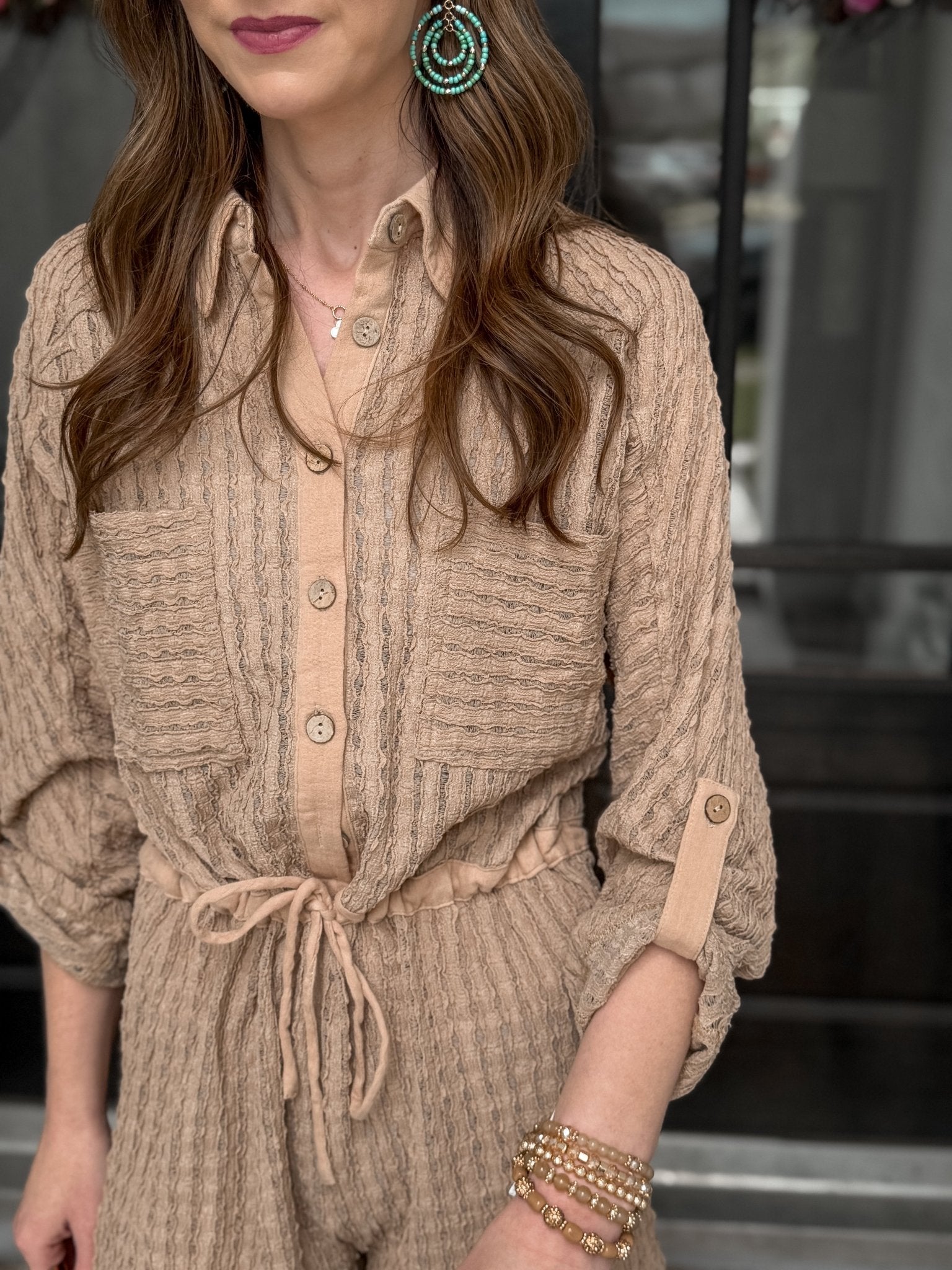 Textured Button Front Western Style Cover Up Romper - Halemi & Co.