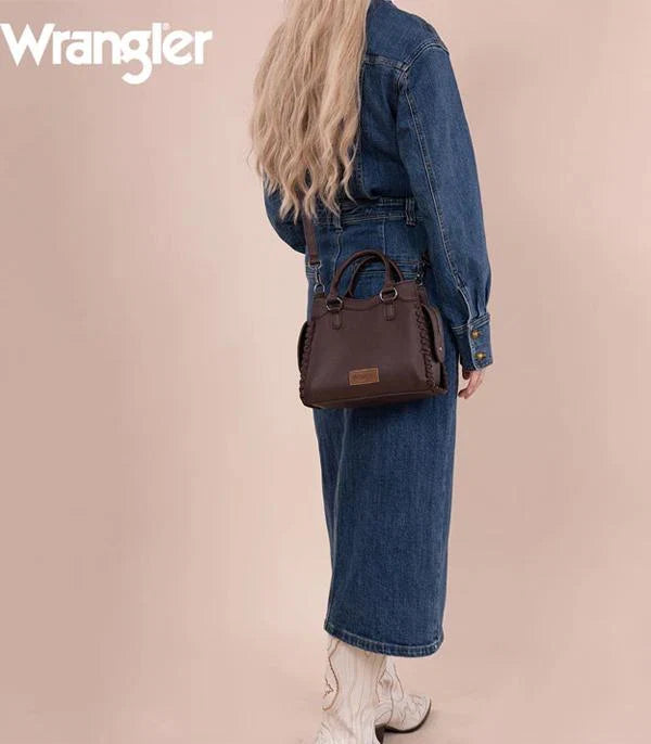  Woman wearing Wrangler dark brown braided bag as a crossbody