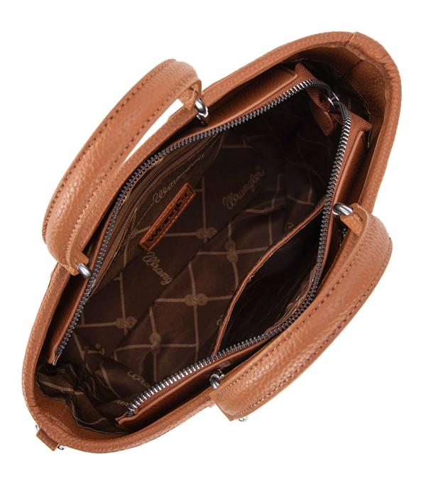 Interior of Wrangler brown tote with zipper pocket and open storage compartment