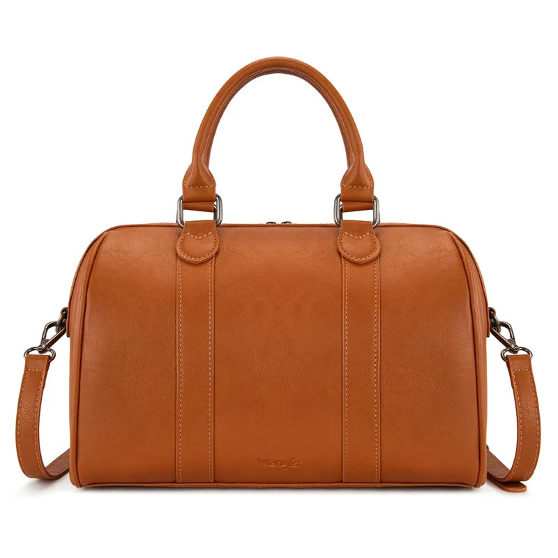 A warm cognac brown faux leather handbag with dual top handles and a detachable shoulder strap, shown against a plain white background.