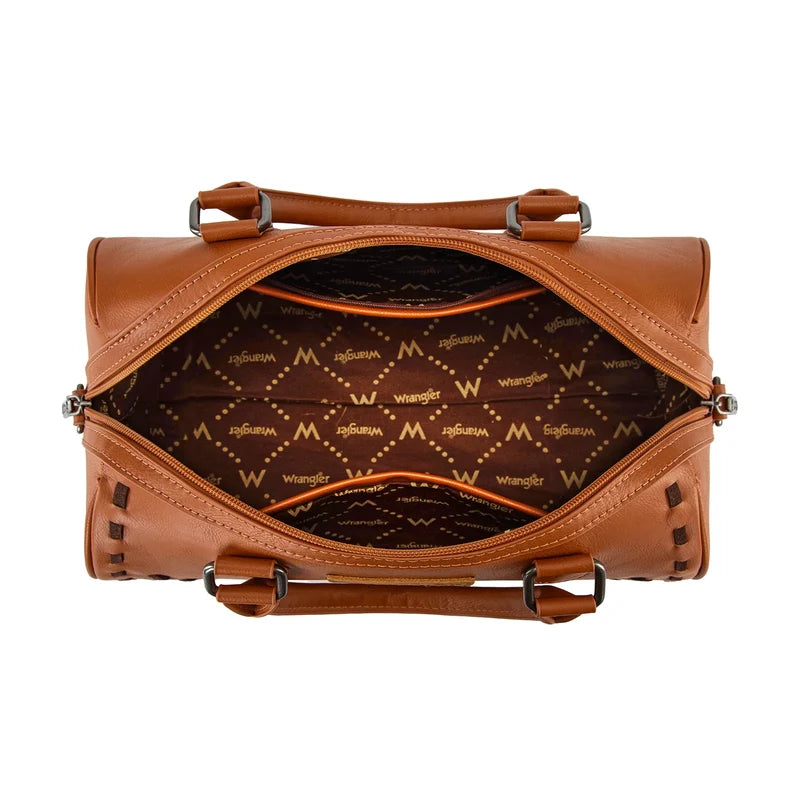 Brown leather handbag with visible brand logo on a white background